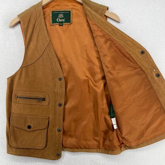 ORVIS Vest Mens S Leather Cargo Hunting Safari Utility Shooting Lined Brown - Picture 3 of 14